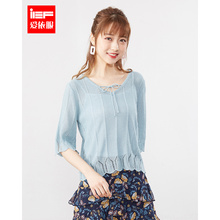 IEF/爱依服2019夏季新款韩版气质修身时尚镂空V领七分袖针织衫女