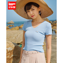 IEF/爱依服2019夏季新款韩版时尚修身薄款V领纯色短袖针织衫女