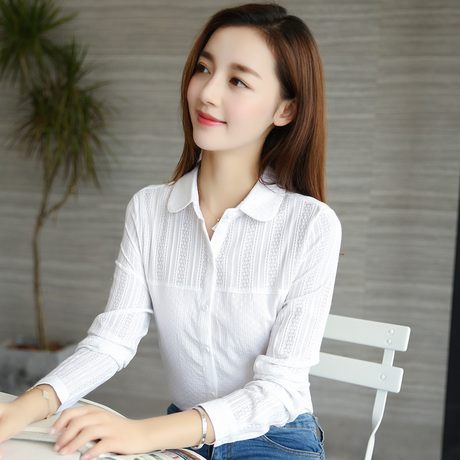 衬衣女2018新款春秋全棉白衬衫长袖打底衫韩版职业女装修身上衣商品大图