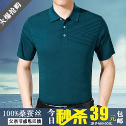 桑蚕丝t恤短袖薄款翻领条纹夏中年男士冰丝宽松爸爸装polo衫上衣