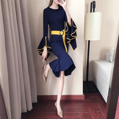 气质长袖连衣裙秋装女2018新款早秋裙子中长款名媛设计感鱼尾裙潮