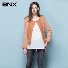 BNX斜拉链门襟拼接钩花蕾丝皮衣秋季新品女装短外套图片