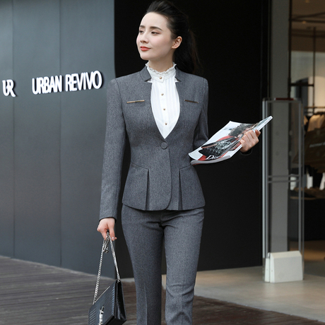 酒店工作服韩版长袖前台收银员职业装女装西装套裙修身时尚小西服商品大图