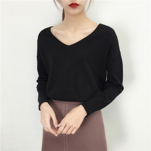 韩版V领纯色长袖针织衫