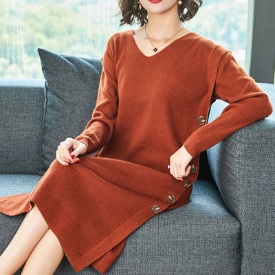 秋冬套头纽扣毛衣低领纯色中长款打底裙女2018新款针织连衣裙宽松