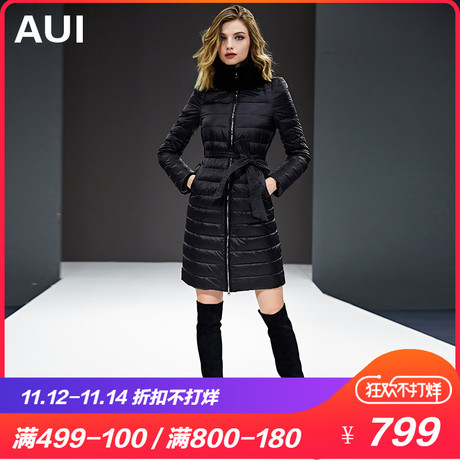 兔毛领黑色羽绒服女2018新款冬季女装白鸭绒时尚潮中长款修身外套商品大图