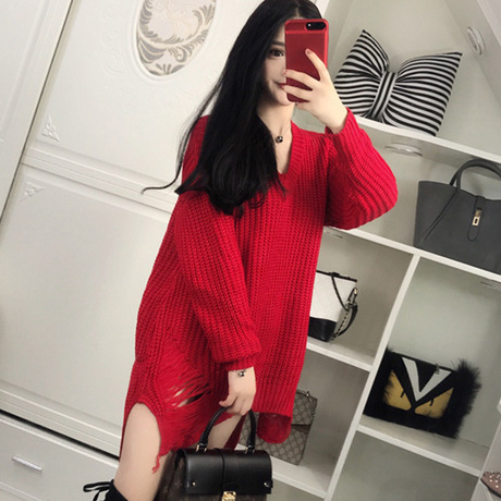 女秋装新款韩版V领性感夜店女装长袖针织连衣裙中长款毛衣配裙子商品大图