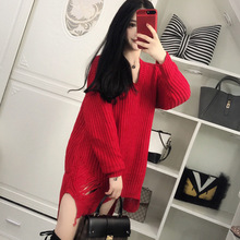 女秋装新款韩版V领性感夜店女装长袖针织连衣裙中长款毛衣配裙子图片