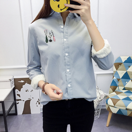 韩版秋冬新款加绒印花纯棉长袖打底衬衫女装大码保暖加厚衬衣潮商品大图
