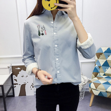 韩版秋冬新款加绒印花纯棉长袖打底衬衫女装大码保暖加厚衬衣潮图片