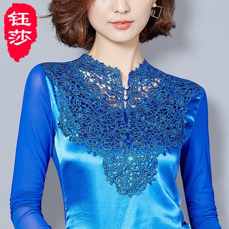 钰莎蕾丝衫女秋装2018韩版大码立领镂空长袖打底衫女装民族风上衣商品大图