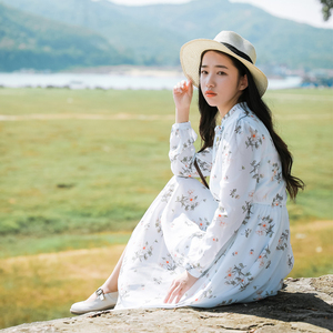 文艺复古收腰长袖学生田园小清新中长裙