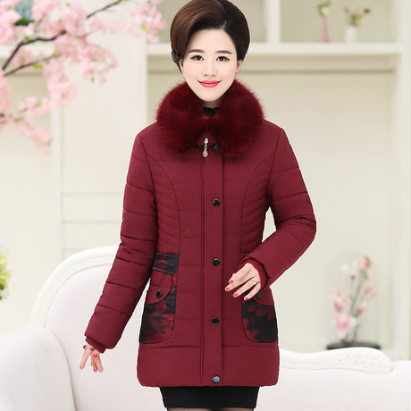 妈妈装冬装羽绒棉服中长款韩版棉袄中老年人女装毛领加绒加厚棉衣商品大图