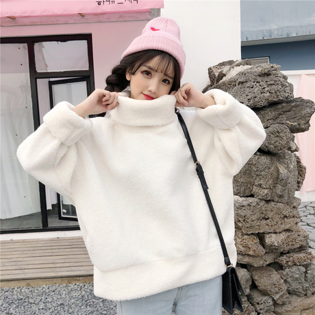 秋冬女装韩版宽松加厚毛绒卫衣高领保暖毛毛外套学生可爱套头上衣商品大图