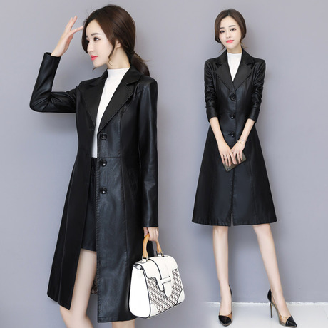 皮衣女中长款2018秋季新款女装修身显瘦时尚收腰PU皮女士风衣外套商品大图