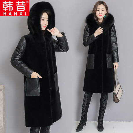 派克服2018新款女装海宁皮草外套修身中长款皮毛一体羊剪绒大衣女商品大图