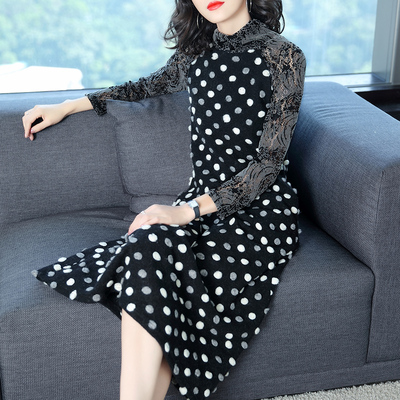 毛呢连衣裙春季女春装2018新款韩版春季中长款半高领长袖波点长裙