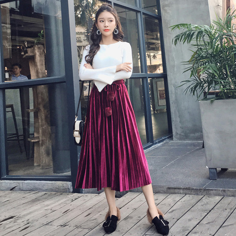 金丝绒半身裙 秋冬新款韩版女装高腰显瘦长款风琴裙丝绒百褶裙女商品大图