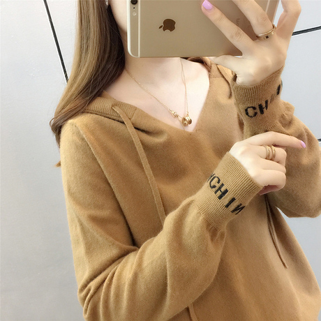2018早秋女装新款韩版短款长袖针织衫宽松连帽套头薄款慵懒风外套商品大图