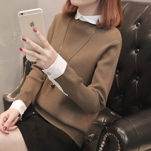 秋装2018新款女装初秋上衣韩版宽松毛衣衬衫领假两件套针织衫上衣图片