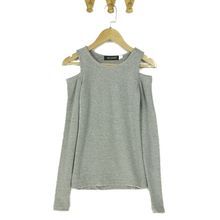 显瘦上衣纯色弹力打底衫 修身 圆领针织衫 女装 2018春夏新款 露肩长袖