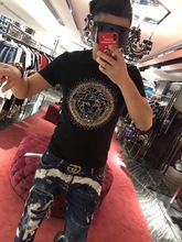 T恤短袖 美杜莎人头肥佬大码 瓦萨其男女丝光棉刺绣烫钻亮片修身