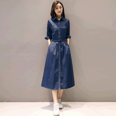 牛仔裙子长裙2018春秋季新款女装韩版修身中长款衬衫牛仔连衣裙潮