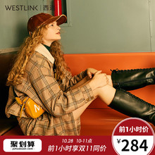 西遇女装2018冬季新款复古格纹仿羊羔毛领宽松外套女短款11980876图片
