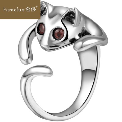 Famelux名侈925银女开口戒指可调节手工个性猫咪指环戒指CY917