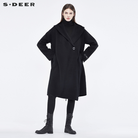 sdeer圣迪奥女简约休闲刺绣字母一粒扣插肩袖连帽大衣S18481892商品大图