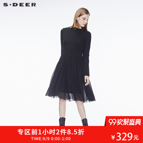 sdeer圣迪奥复古优雅雪纺拼接腰部褶皱羊毛连衣裙S17381287商品大图