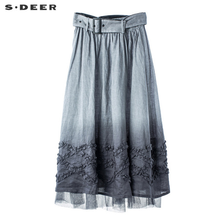 sdeer圣迪奥效果立体花边装饰双层裙摆设计苎麻女式长裙S18281151商品大图