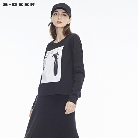sdeer圣迪奥2018冬装新款字母抽象人物印花装饰针织衫S18480243商品大图