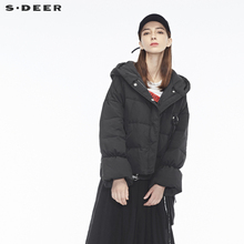sdeer圣迪奥时尚褶皱造型金属圆环飘带装饰连帽羽绒服S18482405图片