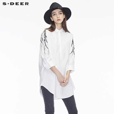 sdeer圣迪奥休闲撞色龟裂纹理图案装饰弧形下摆翻领上衣S18480558商品大图