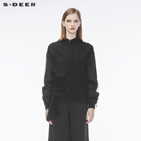 sdeer圣迪奥极简休闲圆领暗门襟网纱拼接长袖上衣S18380548商品大图