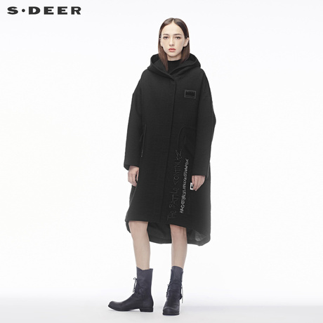 sdeer圣迪奥新时尚肌理刺绣字母装饰抽绳设计连帽长外套S18481828商品大图