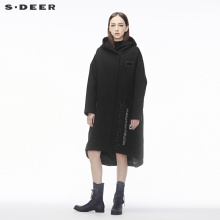 sdeer圣迪奥新时尚肌理刺绣字母装饰抽绳设计连帽长外套S18481828图片