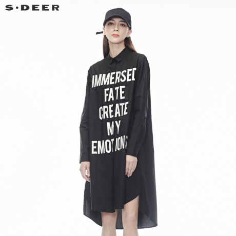 sdeer圣迪奥女装英文字母装饰前短后长开衩下摆翻领上衣S18480579商品大图