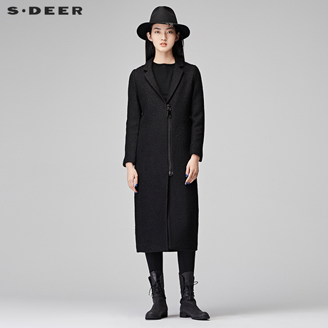 sdeer圣迪奥2018冬装肌理感斜襟修身翻领长款毛呢大衣女S16481891商品大图