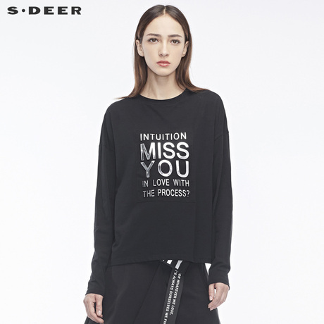 sdeer 圣迪奥纯黑简约立体光泽感字母装饰圆领针织衫S18480260商品大图