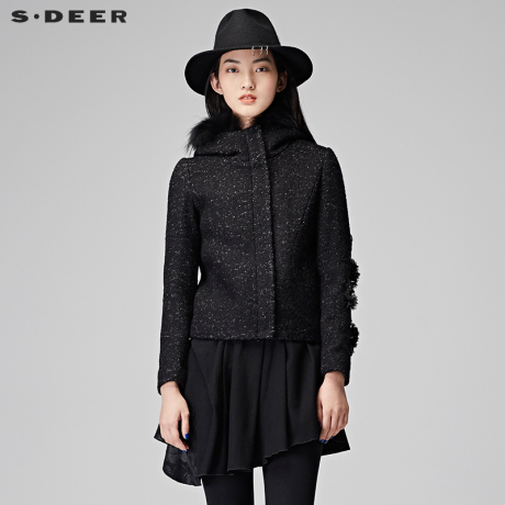 sdeer圣迪奥女装休闲连帽暗黑花朵装饰短款外套S16482232商品大图