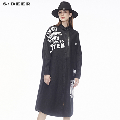 sdeer圣迪奥时尚撞色英文刺绣图案装饰开衩下摆翻领上衣S18480581商品大图