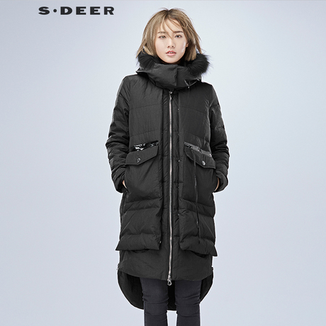 sdeer圣迪奥2018冬装简约廓形侧边开衩毛领长款羽绒服女S16482468商品大图