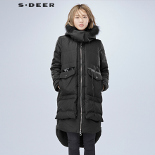 sdeer圣迪奥2018冬装简约廓形侧边开衩毛领长款羽绒服女S16482468图片