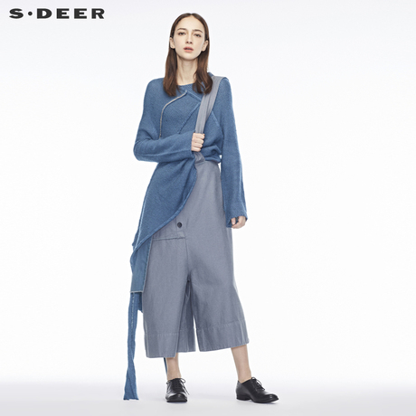 sdeer圣迪奥2018秋冬新款复古感不规则明线拼接V领毛衣S18353592商品大图