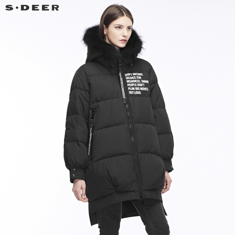 sdeer 圣迪奥飘带装饰时尚开衩下摆设计高领连帽羽绒服S18462411商品大图