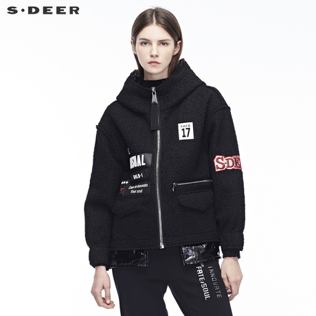sdeer 圣迪奥撞色字母开衩下摆飘带装饰时尚连帽外套S18482283商品大图