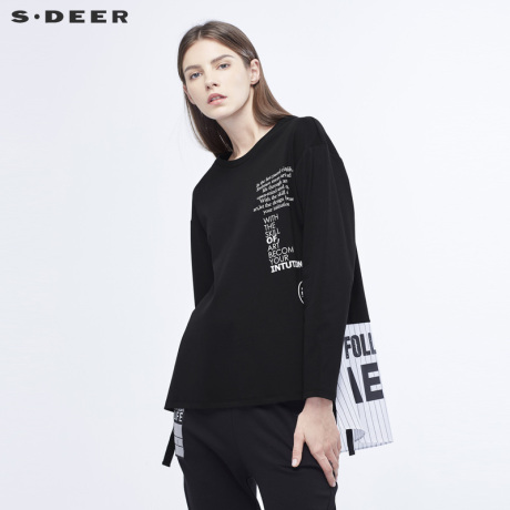 sdeer圣迪奥新潮撞色英文装饰条纹面料拼接开衩下摆上衣S18480246商品大图