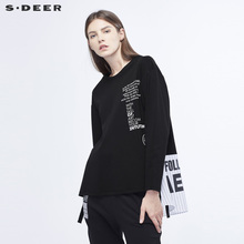 sdeer圣迪奥新潮撞色英文装饰条纹面料拼接开衩下摆上衣S18480246图片